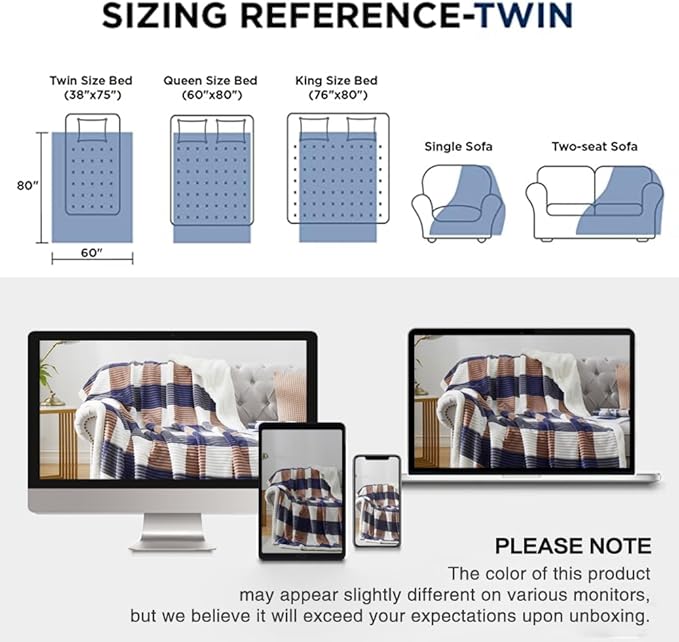 PU MEI Sherpa Blanket Twin Plaid Thick Bed Blanket, 60”*80” Super Soft Flannel Fuzzy Fleece Reversible Velvet Plush Warm Blanket for Couch (Navy Check, 60"*80")