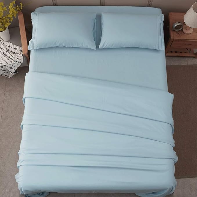 SONORO KATE Bed Sheet Set Super Soft Microfiber 1800 Thread Count Luxury Egyptian Sheets 16-Inch Deep Pocket,Wrinkle and Hypoallergenic-4 Piece (Spa Blue, King)