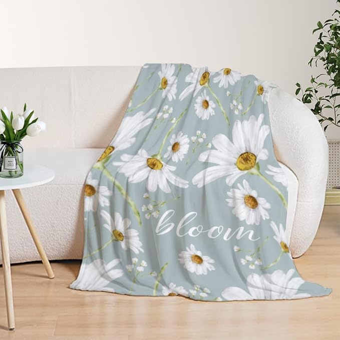 YeeJu Daisy Decorative Throw Blanket Twin Size White Floral for Couch Sofa Bed - Soft Cozy Lightweight Fuzzy Fleece - Sunshine Spring Summer Flower Gift 60x80