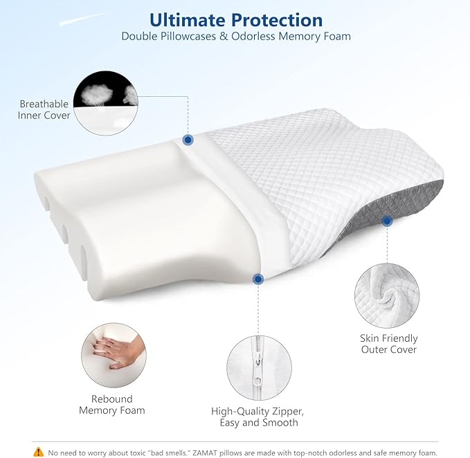 ZAMAT Memory Foam Pillow for Neck Pain Relief, Adjustable Ergonomic Cervical Sleeping, Orthopedic with Washable Cover, Bed Pillows Side, Back, Stomach Sleepers