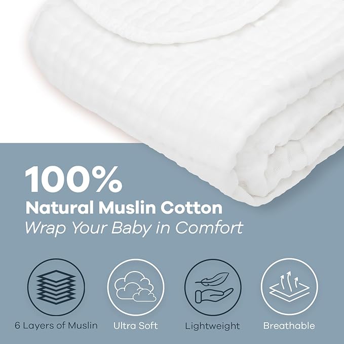 Comfy Cubs Muslin Baby Blanket - Soft, Lightweight, 6-Layer Cotton Swaddle Blankets for Newborns, Infants & Toddlers - 40" x 40" Large, Breathable & Versatile for Sleeping & Tummy Time - White