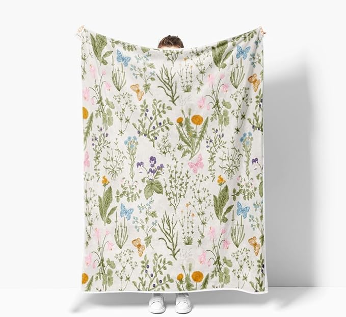 Vintage Herbs Floral Throw Blanket - Colorful Wild Flowers Printed Flannel Fleece Plush Blanket for Women, Girls - Soft, Lightweight for Bed, Sofa, Chair, Office