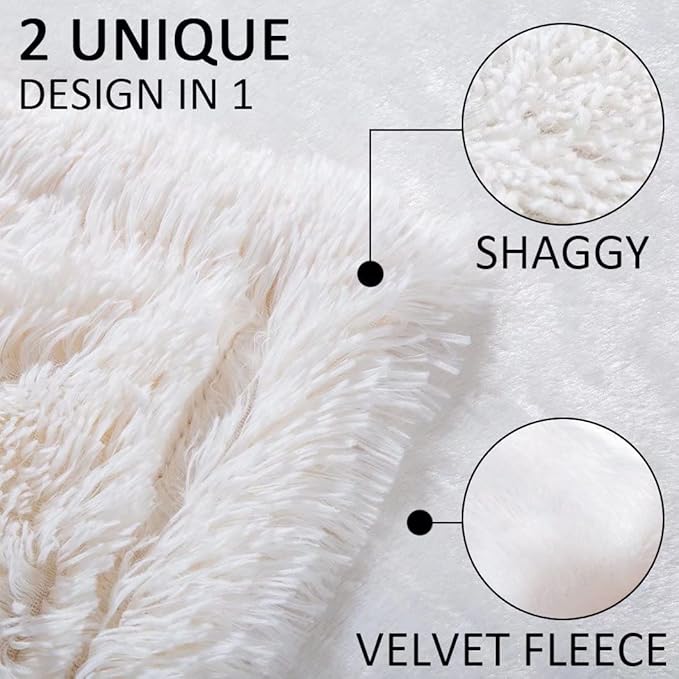 YUSOKI Cream White Queen Faux Fur Blanket,2 Layers,90"x90" Without Pillows Big Soft Plush Fuzzy Large Warm Fluffy Throw Blanket for Bed