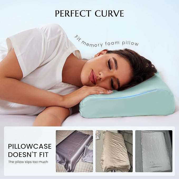 THXSILK 19 Momme 100% Mulberry Silk Pillowcase for Contour Memory Foam Pillow, Contour Pillow Case Cover, Cervical Pillow Case, Pack of 1(Light Blue, 24"x14"x4.7"/3.9")