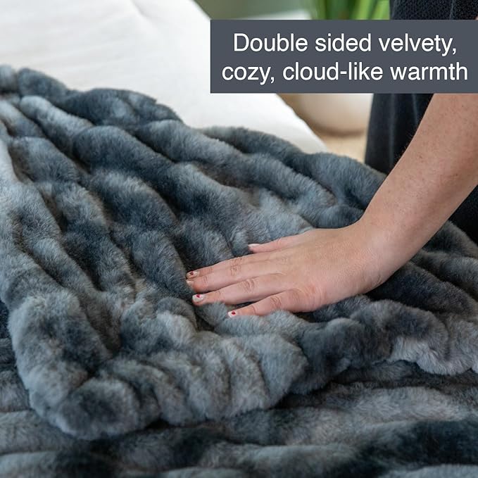 1i4 Group Outrageously Soft - Minky Luxe Faux Fur Throw Blanket - Ultra Plush Minky – Heavyweight Fabric – Elastic Stitched to Wrap Around You Like a Hug - Oversized 50 x 70 Inches – Gray