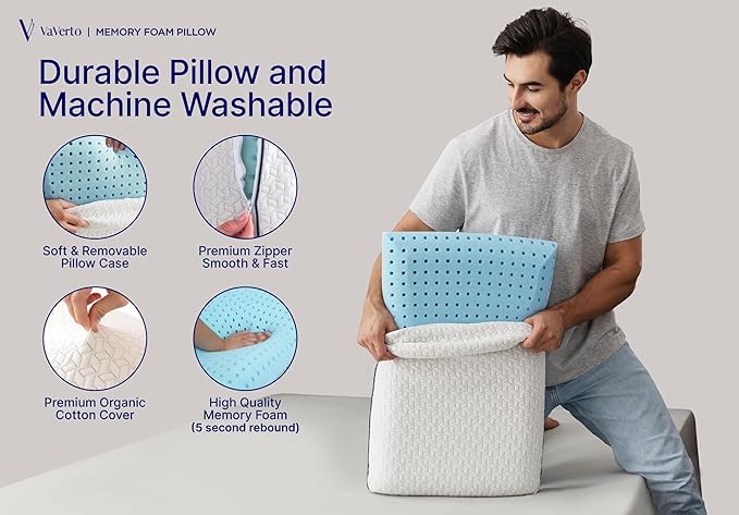 Vaverto King Size Gel Memory Foam Pillow: Ventilated, Orthopedic, Contoured Support, Cooling Design with Viscose Made from Bamboo Cover - Dorm Room Essential, Original White