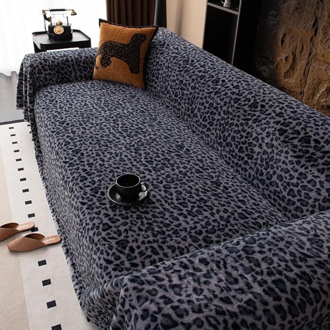 AMWAN Ultra Soft Fuzzy Faux Rabbit Fur Couch Cover for Sofa,Bed Shaggy Thick Warm Fluffy Sofa Slipcover for Dogs,Cats,Kids,Decorative Gray Cozy Furry Blanket, Blue-Grey,71x150’’