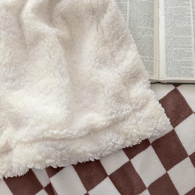 LOMAO Sherpa Throw Blanket Fleece Blanket with Checkered Pattern Soft Thick Blanket for Couch, Bed, Sofa Luxurious Warm and Cozy for All Seasons (Coffee, 51"x63")