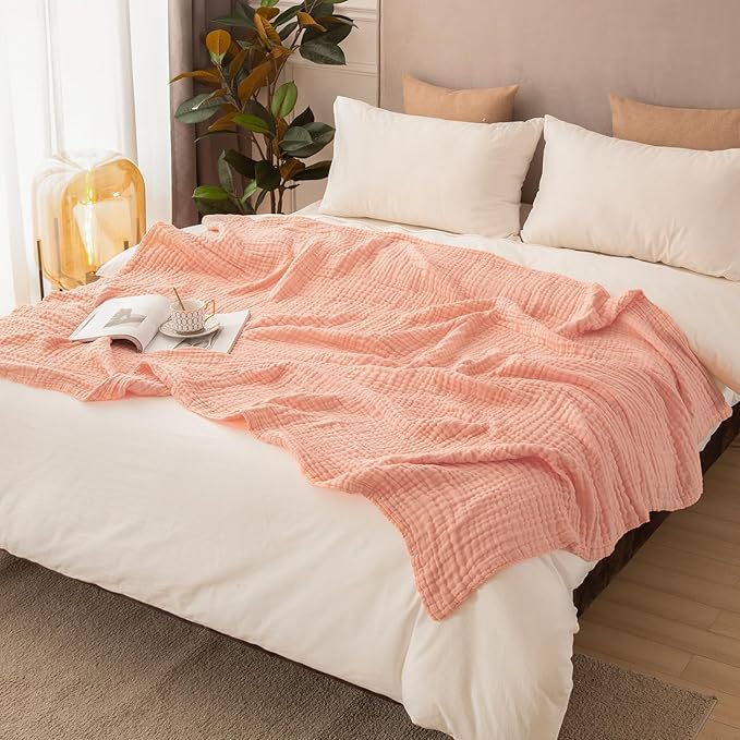 EMME Muslin Cotton Throw Blankets for Couch Breathable Gauze Blanket All Season Soft and Lightweight Pre-Washed Cotton Blanket (Pink, 60"x80")