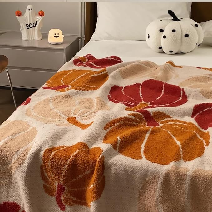 Pumpkin Throw Blanket for Couch 50x70 Fall Halloween Blankets, Soft Cozy Reversible Textured Fleece Fluffy Blanket for Bed Sofa Autumn Home Decor