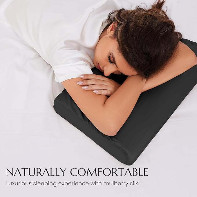 THXSILK 19 Momme 100% Mulberry Silk Pillowcase for Contour Memory Foam Pillow, Contour Pillow Case Cover, Cervical Pillow Case, Pack of 1(Black, 24"x14"x4.7"/3.9")