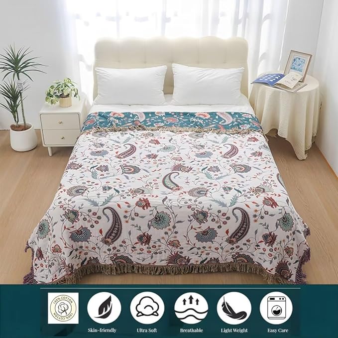 Summer Boho Throw Blanket 60"x80",100% Cozy Cotton Blankets for Travel, Picnic, Reversible Lightweight Knitted Farmhouse Cotton Muslin Blankets for Bedroom,Home Decor
