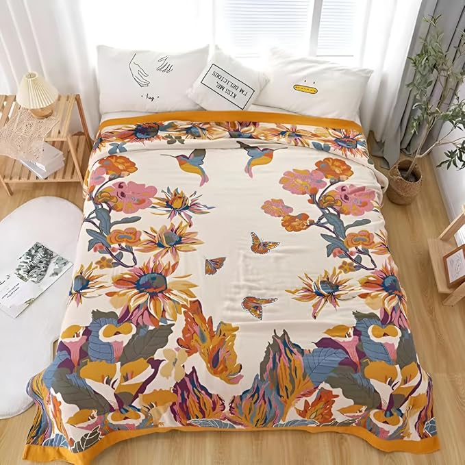 Summer Boho Throw Blankets for Bed 90"x98",100% Cotton Blanktes for Bed Lightweight Ultra Soft Cotton Quilts Knitted Travel Muslin Farmhouse Cozy Blanket