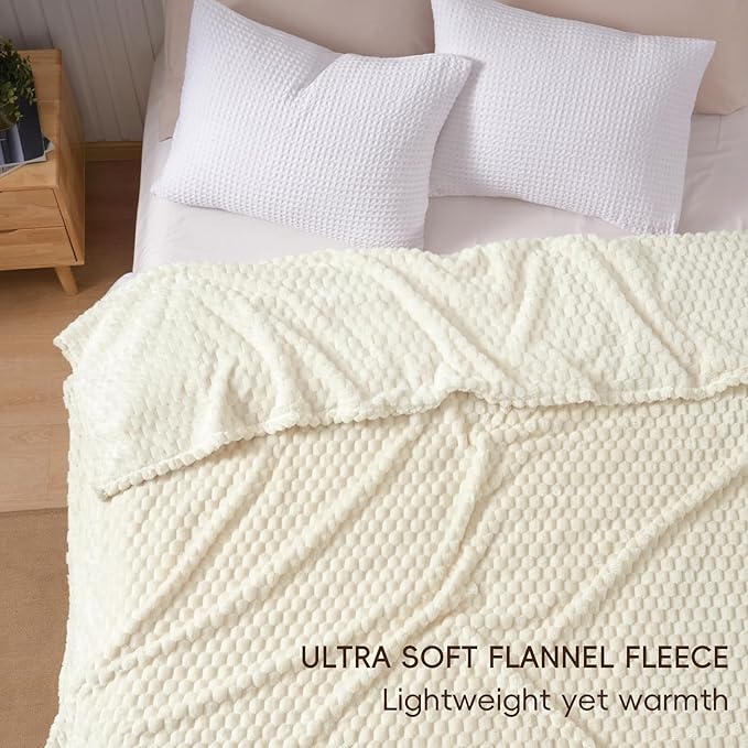 PHF Ultra Soft Flannel Fleece Blanket Queen Size, Lightweight 3D Jacquard Fleece Blanket, No Shedding, No Pilling, Luxury 340GSM Aesthetic Fluffy Cozy for Bed Room Decor, 90"x90", Cream