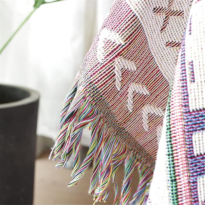 Luxlovery Aztec Sofa Throw Blankets Blue Ethnic Woven Boho Beige and Purple Color Bohemian Woven Throw Blanket for Couch Aztec Bed Throws Oversized Chair Sofa Cover with Tassels(63"x102")