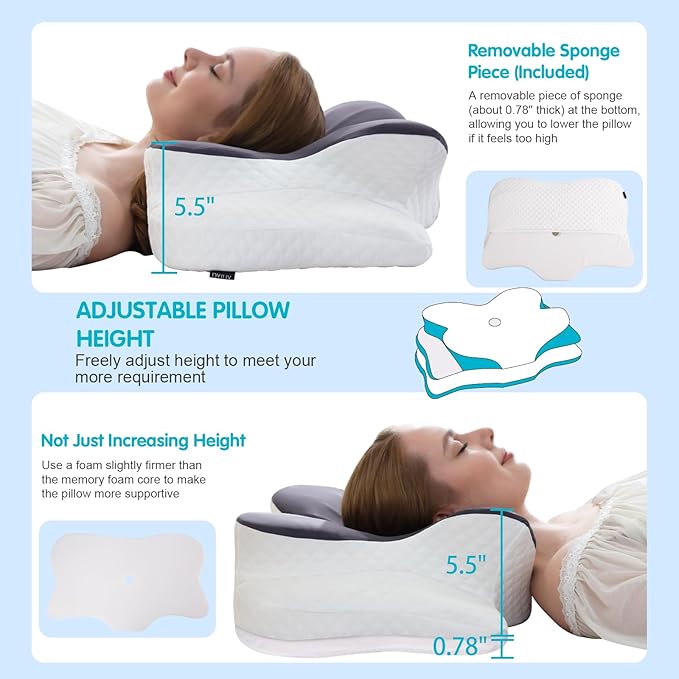 Memory Foam Pillows, Cervical Pillow for Neck Pain Relief, Odorless Ergonomic Pillow with Comfortable Pillowcase, Adjustable Orthopedic Bed Pillow for Sleeping, Support for Side Back Sleepers