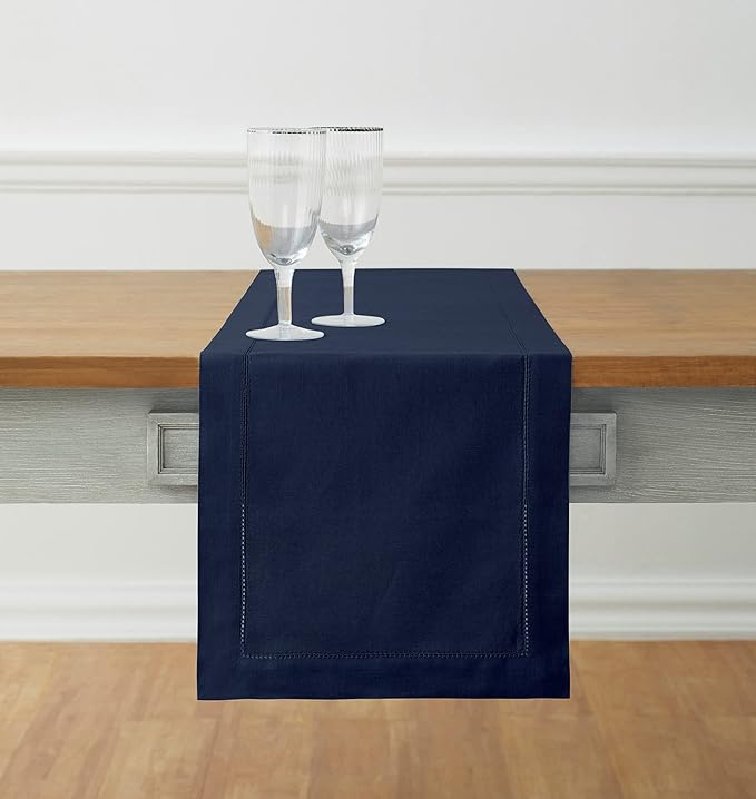 Solino Home Navy Table Runner 144 Inches Long - Cotton Linen Hemstitch Extra Long Table Runner 14 x 144 Inch for Summer