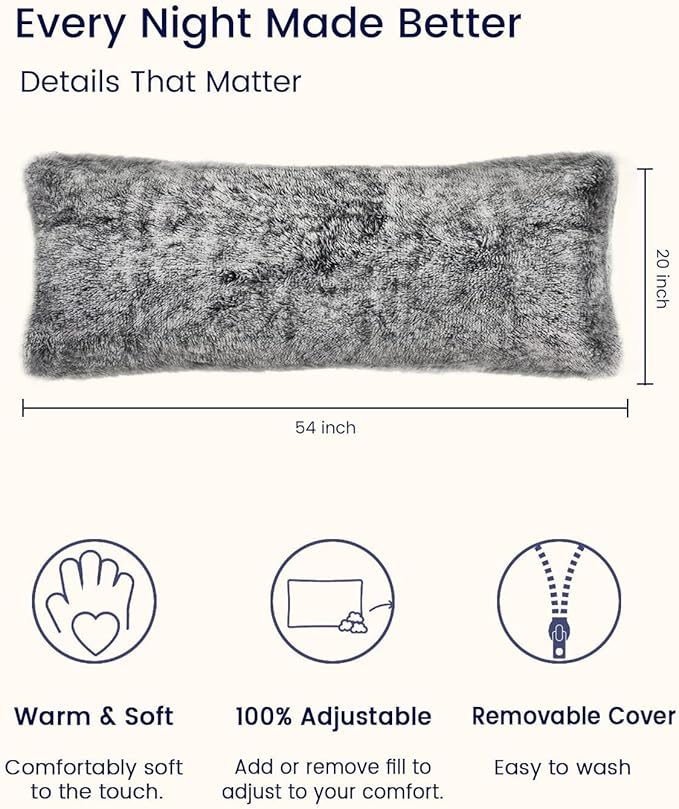 ZonLi Fluffy Body Pillow, Full Body Pillows for Adults, Long Pillow for Sleeping with Removable Cover and Adjustable Filling for Side Sleeper & Pregnancy,Large and Firm Pillow, Machine Washable(Grey)