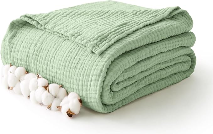 100% Cotton Muslin Blanket Queen 90" x 90", 6 Layers Breathable and Lightweight Cotton Throw Blanket for Bed, Soft Quilt Bedspread Coverlet, Gauze Blanket for Adults All Season, Sage Green