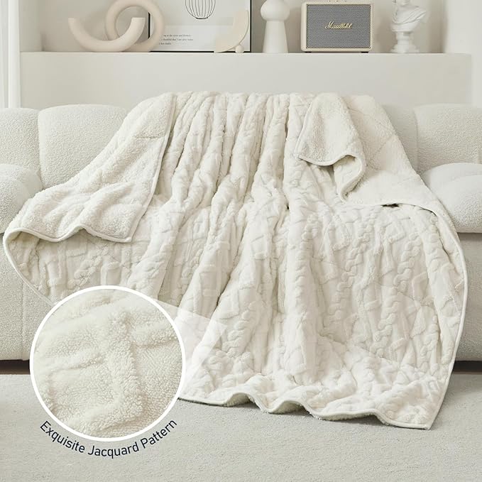 Wemore Weighted Blanket for Adults Twin Size 20 lbs, Dual Sided Soft Fuzzy Jacquard Sherpa Weighted Blankets Throw, Cozy Fluffy Knitted Heavy Blanket for Bed and Couch, Cream White, 60 x 80 inches