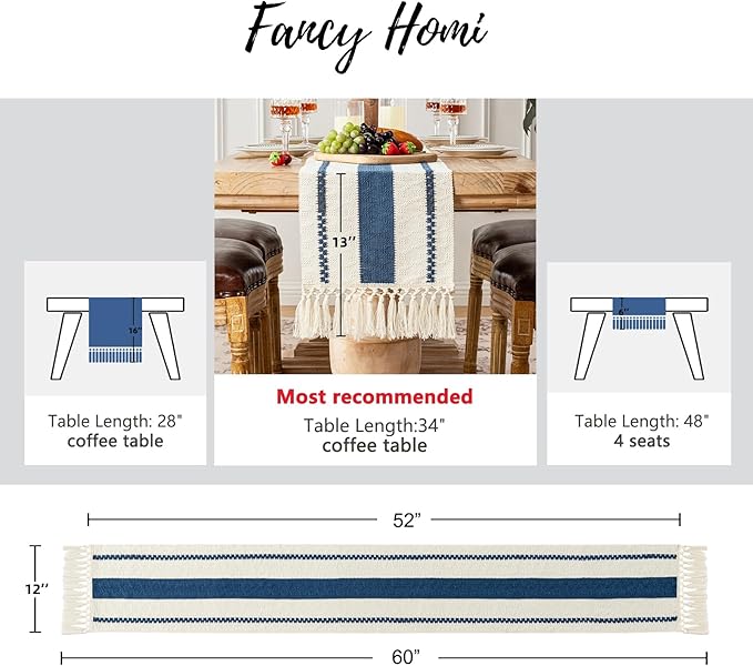Fancy Homi Dusty Blue Table Runner 60 Inches Long Boho Macrame Table Runner for Home Decor, Farmhouse Table Runners with Tassels for Party Bohemian Rustic Bridal Shower Dining Decor 12x60 Inches
