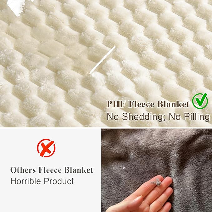 PHF Ultra Soft Flannel Fleece Blanket Queen Size, Lightweight 3D Jacquard Fleece Blanket, No Shedding, No Pilling, Luxury 340GSM Aesthetic Fluffy Cozy for Bed Room Decor, 90"x90", Cream