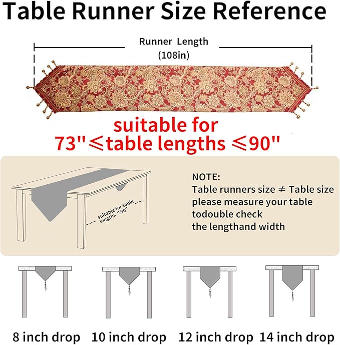 Luxury Vintage Table Runners 108 inches Long Embroidery Jacquard Fabric with Multi-Tassels Table Runners for Dining Room Dresser Wedding Christmas Thanksgiving Party Decorations (Red, 12X108inch)