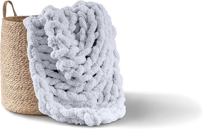 Adyrescia Chunky Knit Blanket Throw | 100% Hand Knit with Jumbo Chenille Yarn (40"x50", Light Gray)