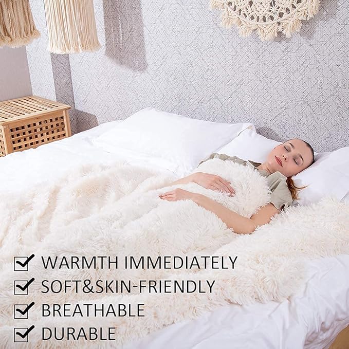 YUSOKI Twin Size Faux Fur Throw Blanket(Cream White,60" x 80"),Whithout Pillows,Winter Lightweight Plush Fuzzy Soft Cozy Microfiber Comfy Bed Blanket for Women Kids Girls Couch Sofa Washable