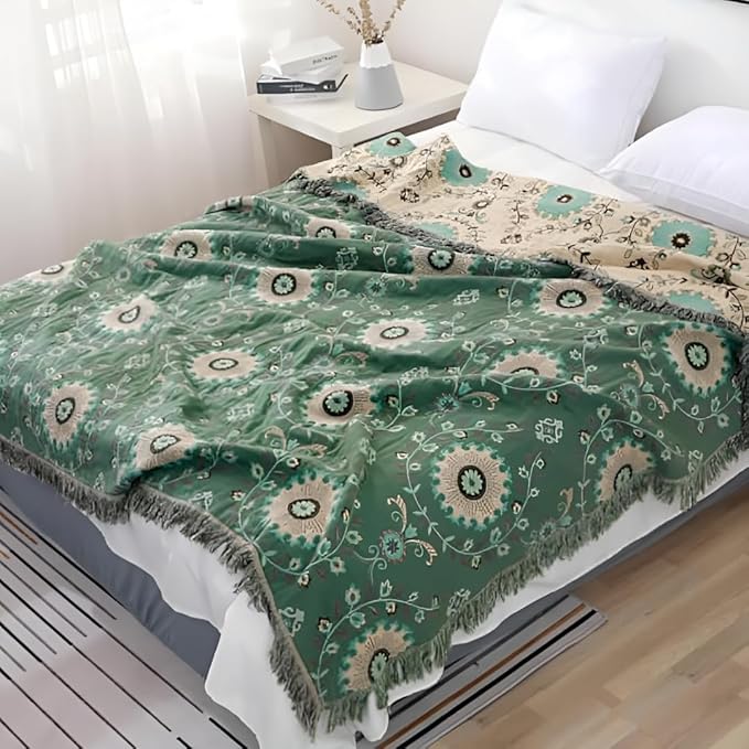 Floral Printed Throw Blankets for Bed Home Decor, 100% Cotton Soft Cozy Boho Quilts Blankets 80"x90",Lightweight Farmhouse Blanketsfor Armchair,Soaft,Couch,Picnic