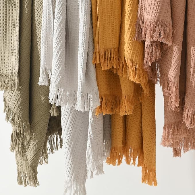 100% Cotton Waffle Queen Blanket with Fringe 90"x90", Pre-Washed Waffle Weave Blanket for All Season, Lightweight Breathable Soft Cozy Throw Blanket for Couch, Bed, Travel (Mustand Yellow)