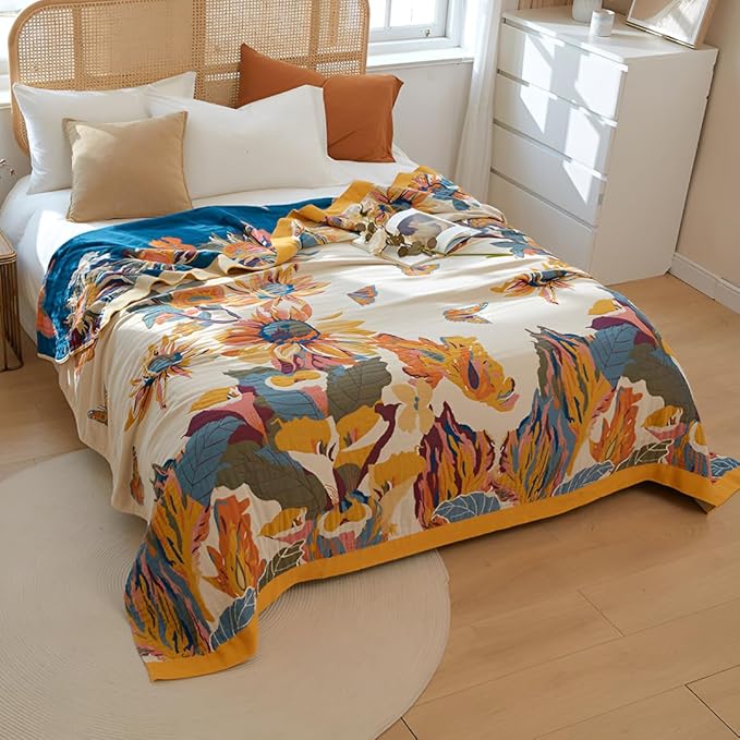 Summer Boho Throw Blankets for Bed 90"x98",100% Cotton Blanktes for Bed Lightweight Ultra Soft Cotton Quilts Knitted Travel Muslin Farmhouse Cozy Blanket