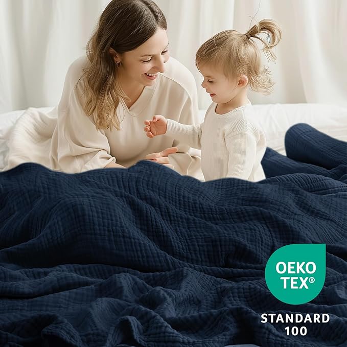 100% Cotton Muslin Blanket King 108" x 90", 6 Layers Breathable and Lightweight Cotton Throw Blanket for Bed, Soft Quilt Bedspread Coverlet, Gauze Blanket for Adults All Season, Navy