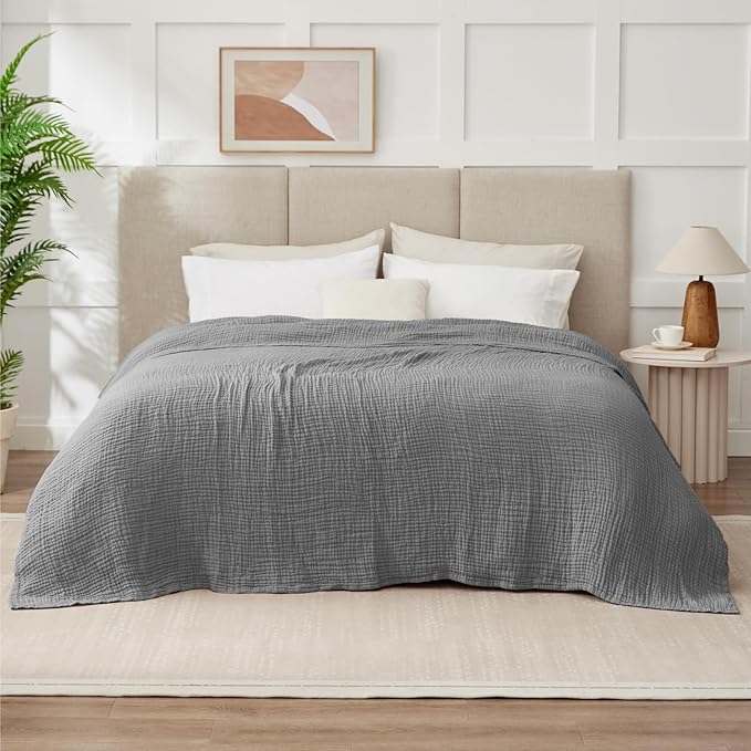 100% Cotton Muslin Blanket King 108" x 90", 6 Layers Breathable and Lightweight Cotton Throw Blanket for Bed, Soft Quilt Bedspread Coverlet, Gauze Blanket for Adults All Season, Grey