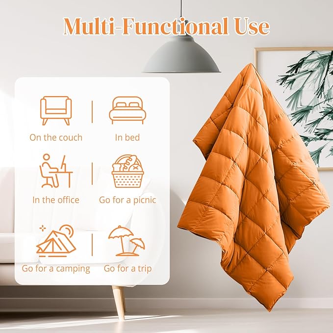 Down Throw Blankets for Couch 50x70” Down Blanket for Indoor and Outdoor use Small Soft Lightweight Throw Blanket Orange