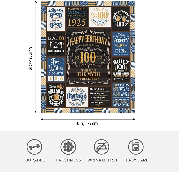 100th Birthday Blanket 60 x 50 inch - Gifts for 100 Year Old Man - 100th Birthday Gifts for Men -100th Birthday Gift Ideas for Dad, Grandpa - 100th Birthday Decorations