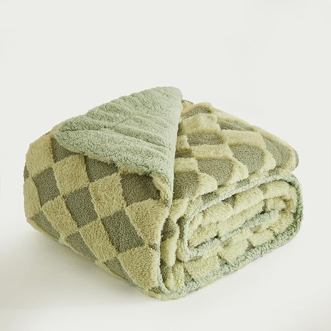 PU MEI Luxury Faux Fur Rabbit Fur Throw Blanket Sage Green 90"x80",Plush Reversible Sherpa Blankets,Queen Fuzzy Blanket Thick Throws for Bed,Washable Bedding Accent Blankets for Sofa Couch Chair