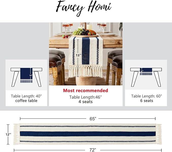 Fancy Homi Navy Blue Table Runner 72 Inches Long Boho Macrame Table Runner for Home Decor, Farmhouse Table Runners with Tassels for Party Bohemian Rustic Bridal Shower Dining Decor 12x72 Inches