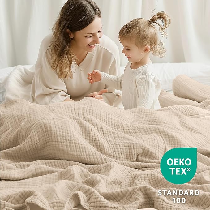 100% Cotton King Size Blankets for Bed 108" x 90", 6 Layers Cooling and Soft Muslin Throw Blanket, Lightweight Quilt Bedspread Coverlet, Gauze Blanket for Adults All Season, Linen Beige