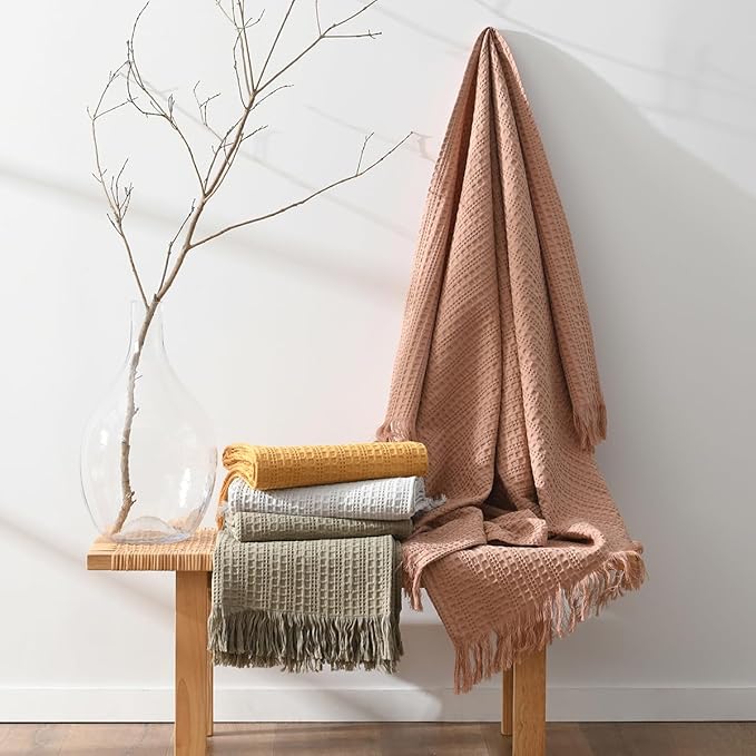 100% Cotton Waffle Queen Blanket with Fringe 90"x90", Pre-Washed Waffle Weave Blanket for All Season, Lightweight Breathable Soft Cozy Throw Blanket for Couch, Bed, Travel (Mustand Yellow)