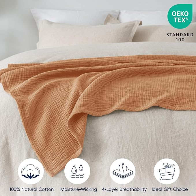 PHF 100% Cotton Muslin Throw Blanket 50" x 60", 4-Layer Lightweight and Breathable Blanket for Summer, Luxuriously Soft Gauze Throws for Couch, Natural Minimalism Style, Ideal Gift, Caramel