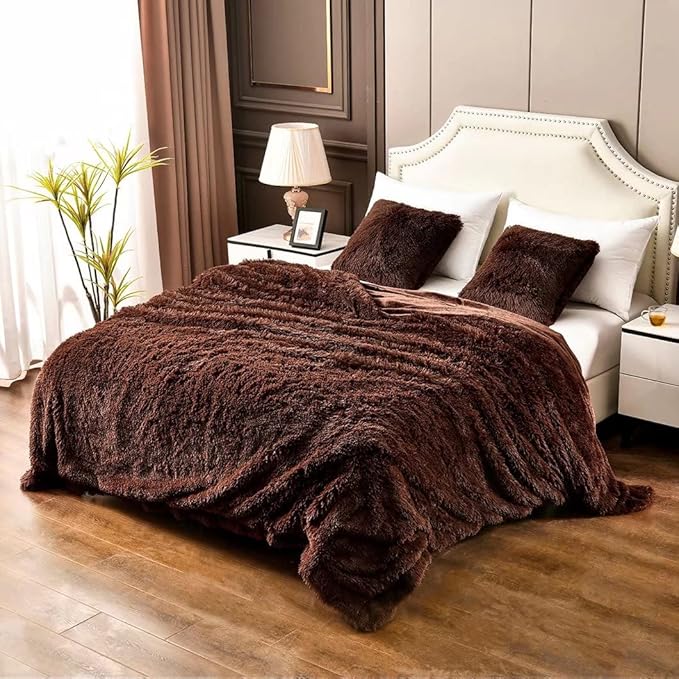 YUSOKI Brown Queen Faux Fur Blanket,2 Layers,90"x90" Without Pillows Big Soft Plush Fuzzy Large Warm Fluffy Throw Blanket for Bed