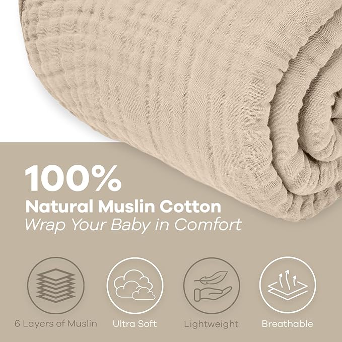Comfy Cubs Muslin Blanket for Adults Twin 90" x 66" - 6 Layer Soft, Breathable & Lightweight Muslin Adult Blanket - Machine Washable & Designed in The US Bedding for All Seasons - Sand