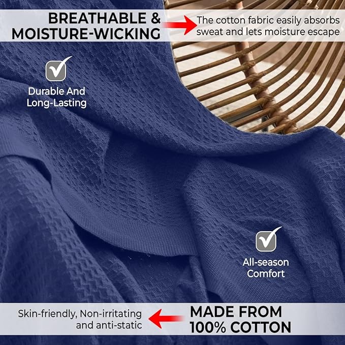 100% Cotton Blankets Throw Size for Bed - Waffle Weave Blankets for Summer, Lightweight and Breathable Soft Woven Blanket for Spring (Navy, Throw (50" x 60")