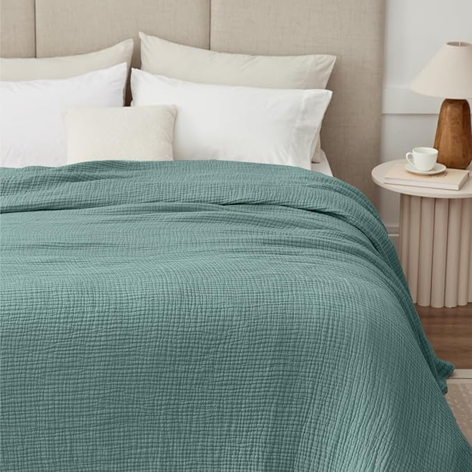 100% Cotton Muslin Blanket King 108" x 90", 6 Layers Breathable and Lightweight Cotton Throw Blanket for Bed, Soft Quilt Bedspread Coverlet, Gauze Blanket for Adults All Season, Teal