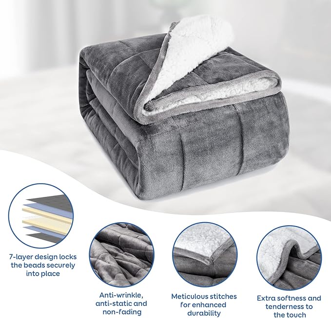 Cottonblue Sherpa Fleece Weighted Blanket 12lbs, Flannel Cozy Plush Bed Throw, Fuzzy Sherpa Flannel Bedding Blankets Throw, Minky Soft Blankets for Sofa Bed, 48 x 72 inches, White Grey