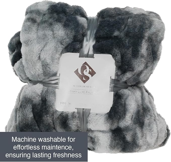 1i4 Group Outrageously Soft - Minky Luxe Faux Fur Throw Blanket - Ultra Plush Minky – Heavyweight Fabric – Elastic Stitched to Wrap Around You Like a Hug - Oversized 50 x 70 Inches – Gray
