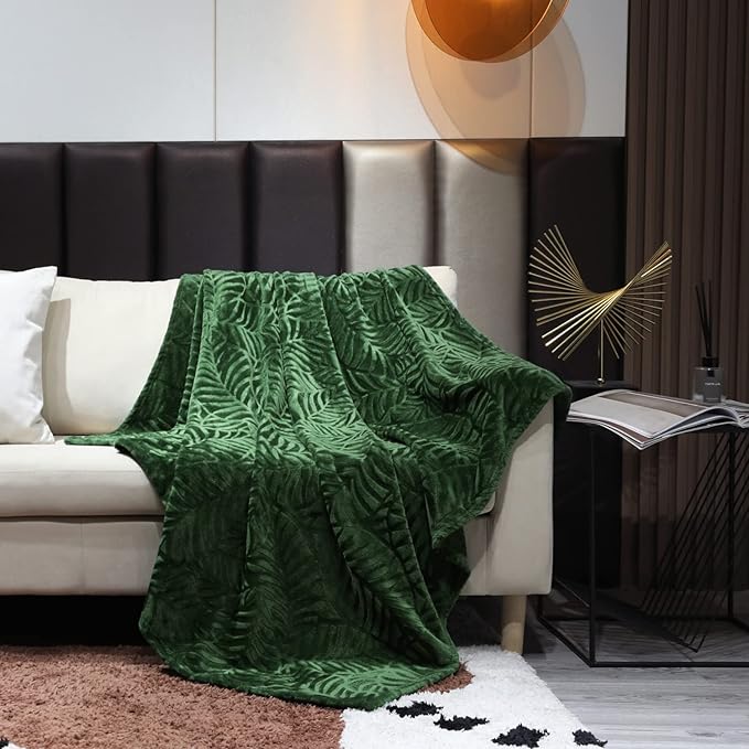 SOCHOW Super Soft Flannel Fleece Throw Blanket, Lightweight Cozy Warm Leaves Textured Plush Blanket for Bed Couch Sofa, 60 x 80 Inches, Olive Green
