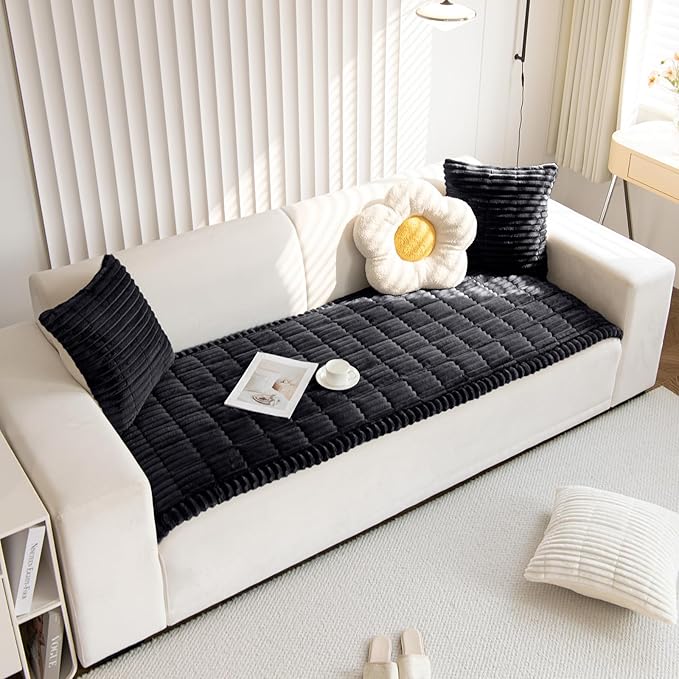 Faux Fur Plush Dog Couch Cover 3D Stripe Fuzzy Sofa Cover Non-Slip Fluffy Dog Bed Cover Pet Blanket Sofa Couch Furniture Protector for Puppy Large Dog Cat (Black,24"x35")