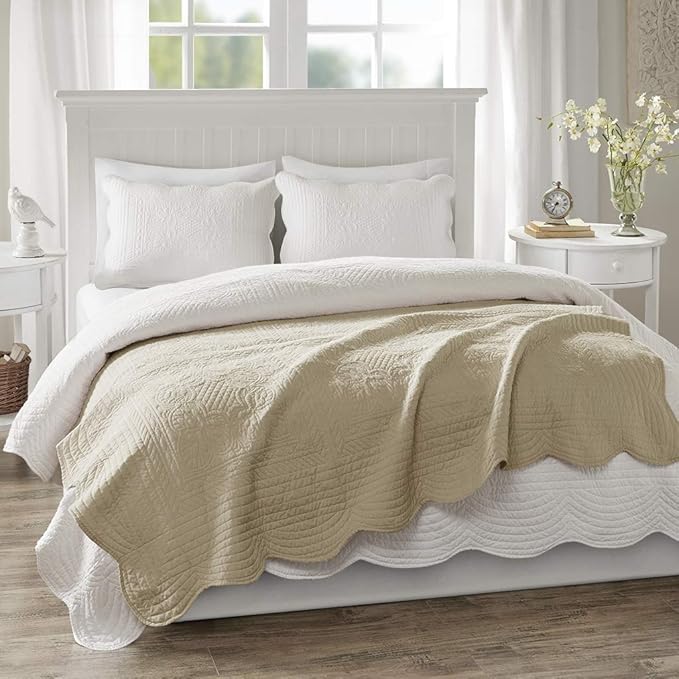 Madison Park Cotton Filled Spread, Ultra Soft, Cozy Living Room Couch, Sofa, Bed Luxe Quilted Throw Blanket-Damask Stitching Design, 60x72, Scalloped Edges Khaki